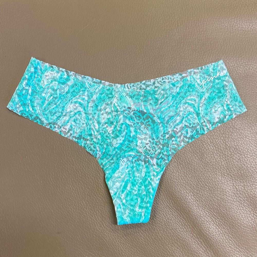 Pink Victoria’s Secret No-Show Raw Cut Lace Thong Green/White Panty - S